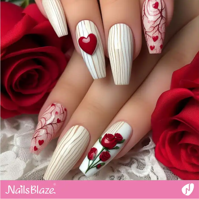 Wood Theme Nails with Red Roses and Hearts | Valentine Nails - NB2441